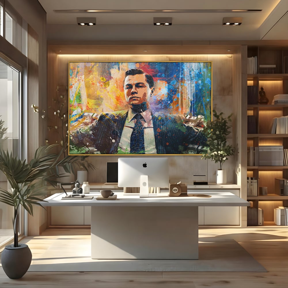 Tablou canvas cu tablou canvas cu leonardo dicaprio si bani, in rama de aluminiu auriu, pe perete intr-un birou